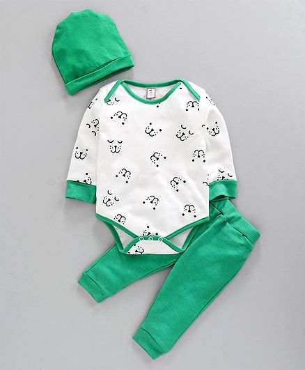 Jb Club Full Sleeves Puppy Print Onesie With Pajama & Cap - White Green