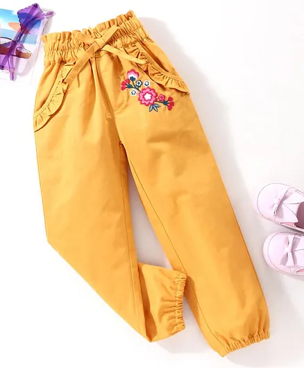 Babyhug Full Length Pant Floral Embroidery - Yellow