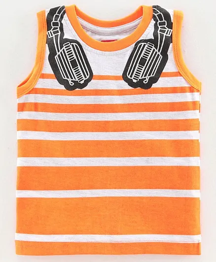 Babyhug Sleeves Striped Tee Headphone Print - Orange
