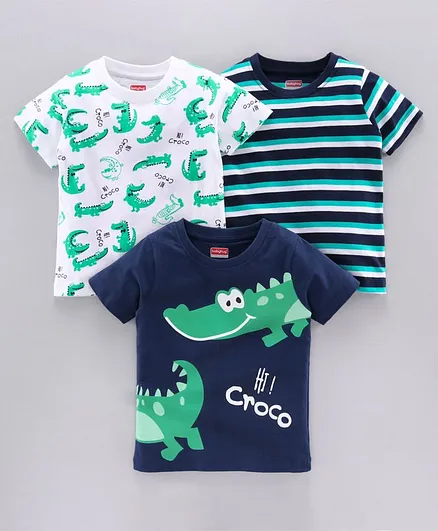 Babyhug Half Sleeves Tees Crocodile Print Pack of 3 - White Navy Blue
