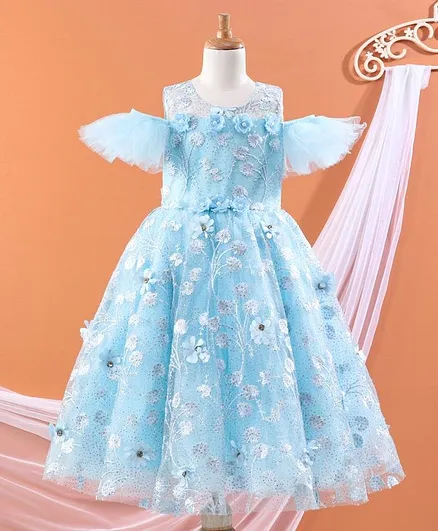 Enfance Short Sleeves Cold Shoulder Flower Embellished Gown - Light Blue