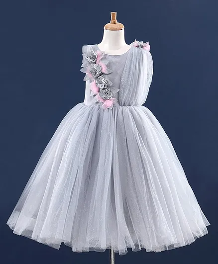 Enfance One Shoulder Flower Adorned Fit & Flare Dress - Grey