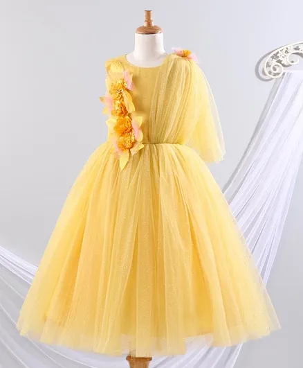 Enfance One Shoulder Flower Adorned Fit & Flare Dress - Dark Yellow