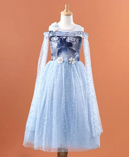 Enfance Short Sleeves Off Shoulder Pearl Embellished Fit & Flared Gown - Blue