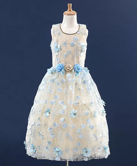 Enfance Sleeveless Glitter Finish Flower Embellished Gown - Blue