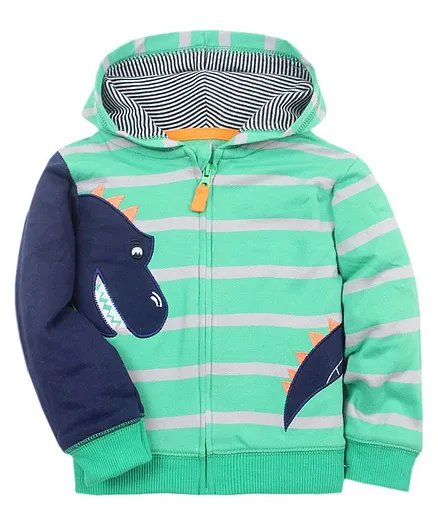 Kookie Kids Full Sleeves Hooded Striped Sweat Jacket Dino Patch - Green