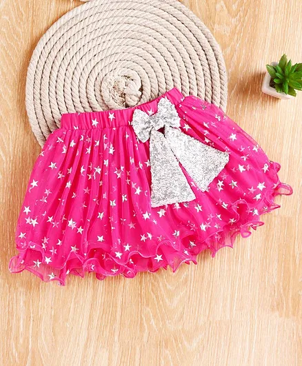 Babyhug Party Wear Printed Skirt Sequinned Bow Applique - Fuchsia