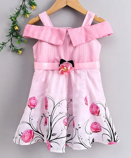 Enfance Core Short Sleeves Striped & Rose Printed Flared Dress - Pink