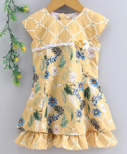 Enfance Core Cap Sleeves Flower & Leaves Printed Dress - Yellow