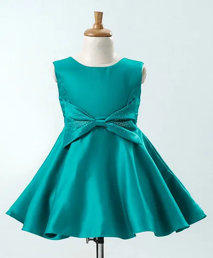 Twetoons Sleeveless Party Wear Frock with Studded Bow - Green