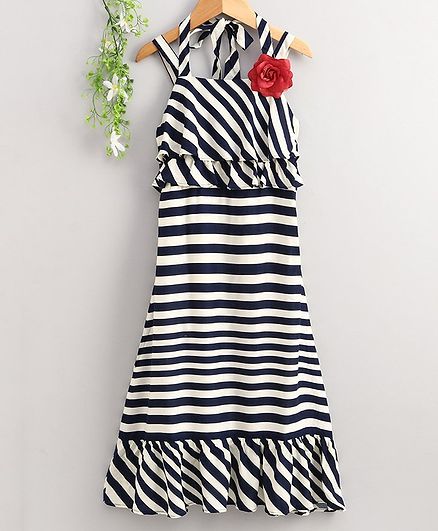 Peppermint Striped Sleeveless Flower Detailing Dress - Navy Blue