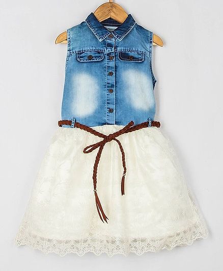 Peppermint Sleeveless Flower Lacey Dress - White & Blue