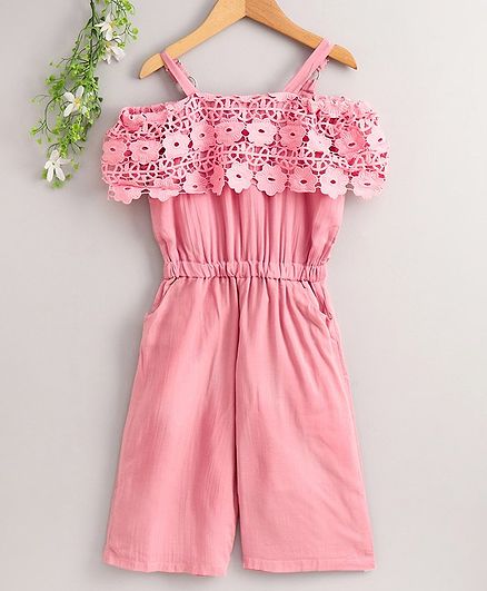 Peppermint Short Sleeves Flower Lacey Jumpsuit - Pink