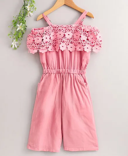Peppermint Short Sleeves Flower Lacey Jumpsuit - Pink