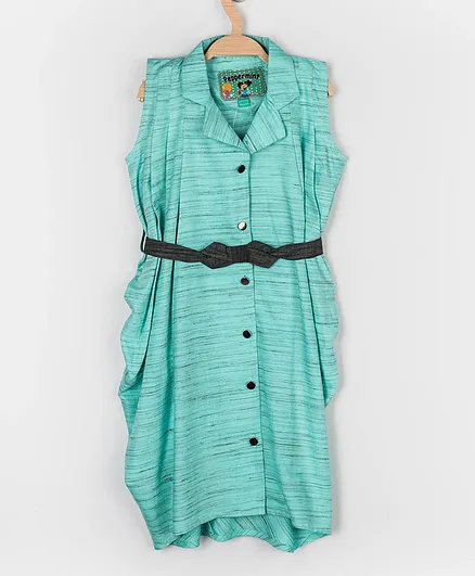 Peppermint Sleeveless Self Striped Dhoti Style Dress - Sea Green