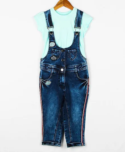 Peppermint Short Sleeves Solid Color Top With Denim Dungaree Set - Blue