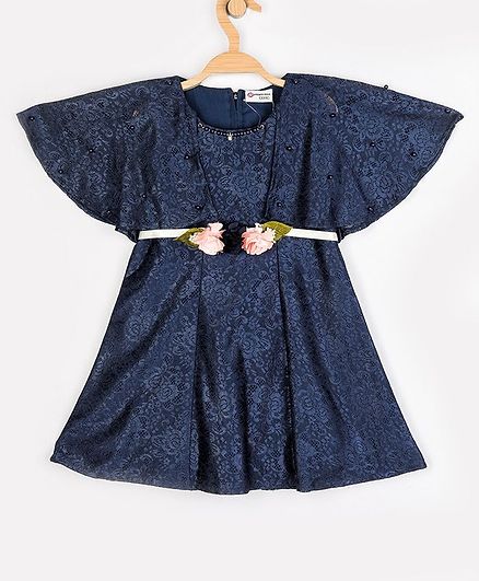 Peppermint Short Sleeves Flared Silhouette Floral Lace Dress - Navy Blue