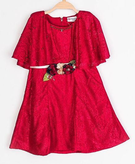 Peppermint Short Sleeves Flared Silhouette Floral Lace Dress - Red