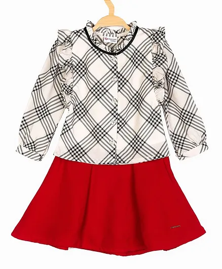 Peppermint Full Sleeves Checkered Top With Flared Skirt - Red