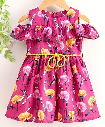 Peppermint Half Sleeves Flower Print Flared Hem Dress With Belt - Pink