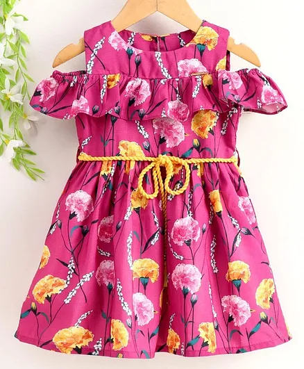 Peppermint Half Sleeves Flower Print Flared Hem Dress With Belt - Pink