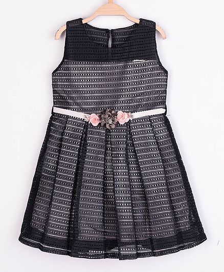 Peppermint Sleeveless Flared Net Lace Flared Dress With Belt - Navy Blue