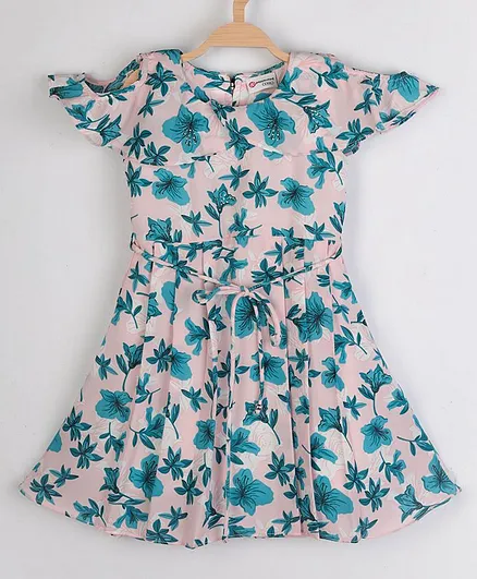 Peppermint Short Sleeves Hibiscus Print Dress - Blue