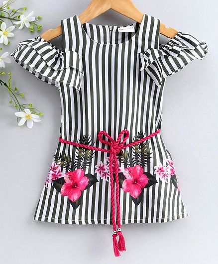Peppermint Cold Shoulder Half Sleeves Striped Dress - Olive Green