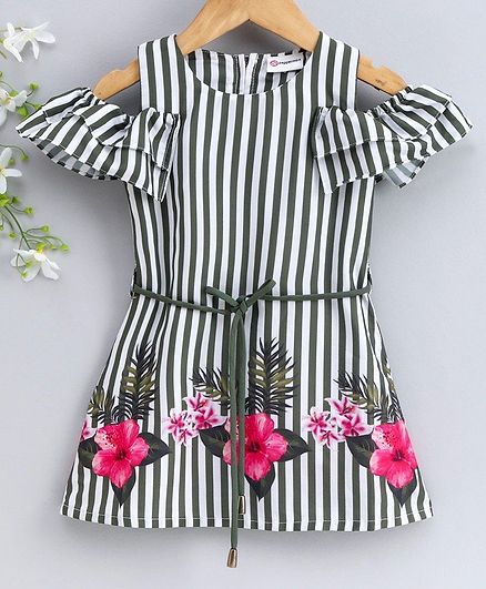 Peppermint Cold Shoulder Half Sleeves Striped Dress - Olive Green