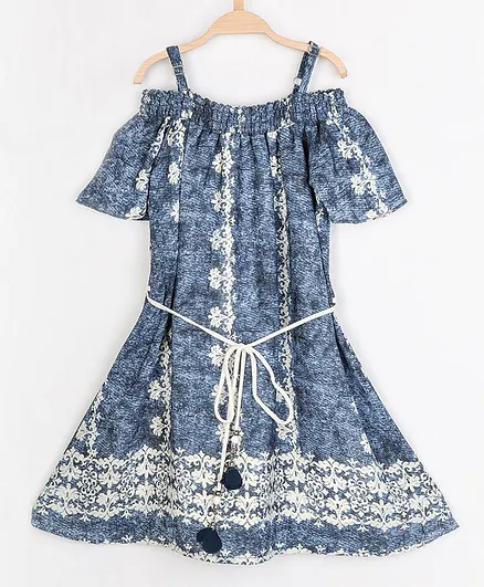 Peppermint Half Sleeves Flower Print Dress - Navy Blue