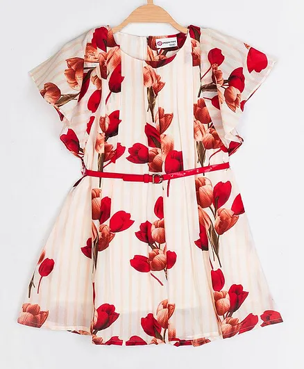 Peppermint Short Sleeves Flared Silhouette Flower Print Dress - Red