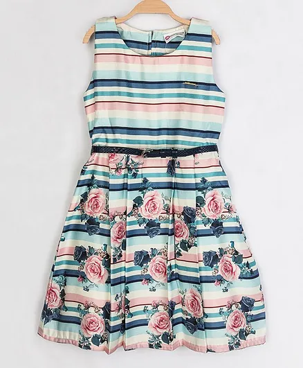 Peppermint Sleeveless Striped & Rose Print Dress - Blue