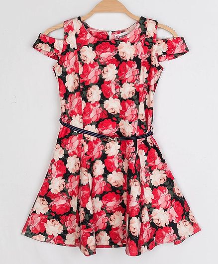 Peppermint Cold Shoulder Short Sleeves Rose Printed Fit & Flare Dress - Red