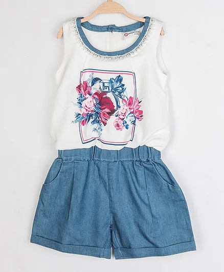 Peppermint Sleeveless Sleeves Flower Print Jumpsuit - Blue