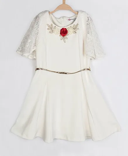 Peppermint Half Sleeves Rose Design Dress - White