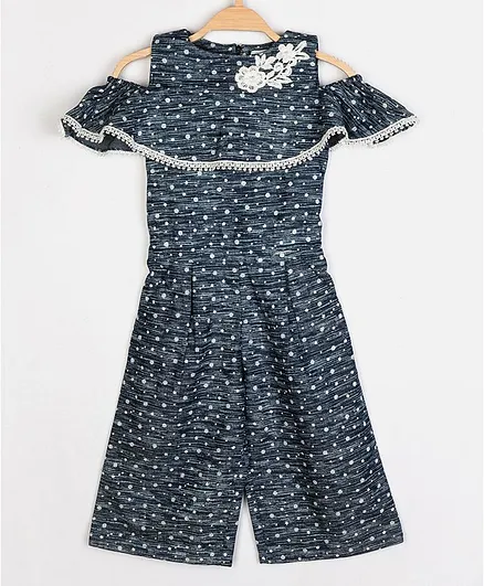 Peppermint Half Sleeves All Over Printed Cold Shoulder Jumpsuit - Navy Blue