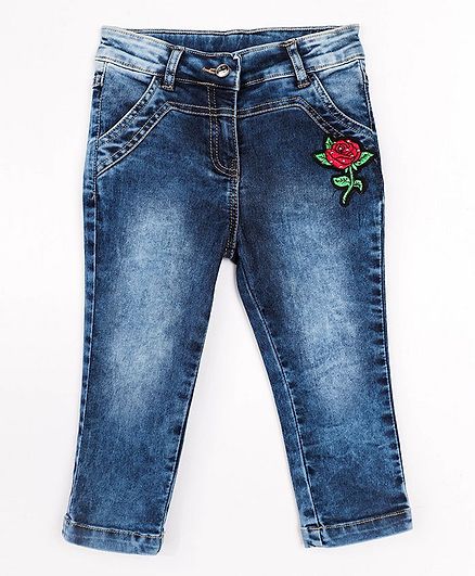 Peppermint Fitted Silhouette Rose Embroidered Jeans - Blue