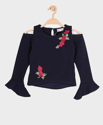 Peppermint Full Sleeves Rose Embroidered Top - Navy Blue
