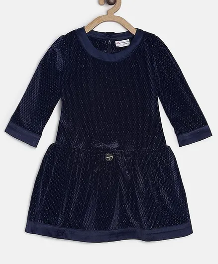 Peppermint Three Fourth Sleeves Self Textured Dress - Navy Blue