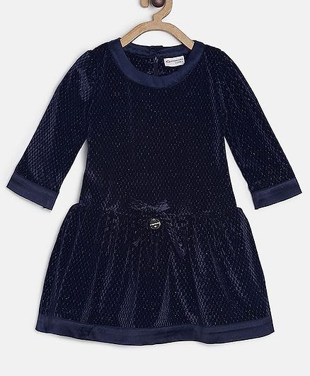 Peppermint Three Fourth Sleeves Self Textured Dress - Navy Blue