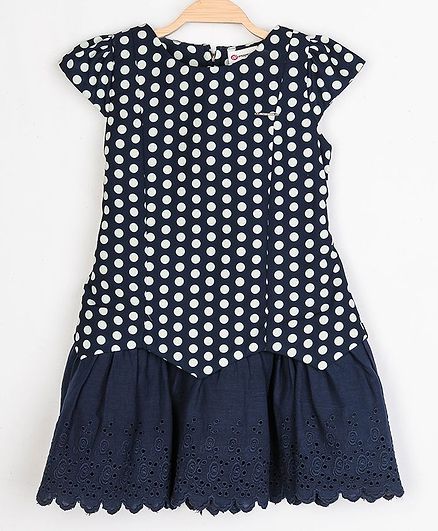 Peppermint Cap Sleeves Polka Dot Print Schiffli Design Scallop Trim Dress - Blue