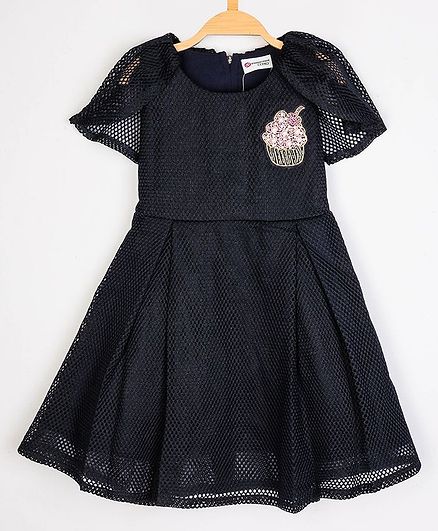 Peppermint Short Sleeves Cup Cake Embroidery Detailing Dress - Navy Blue