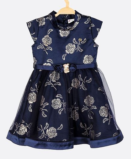 Peppermint Cap Sleeves Flower Print Dress - Navy Blue