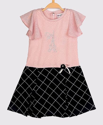 Peppermint Short Sleeves Checked Flare Dress Pattern Dress - Pink