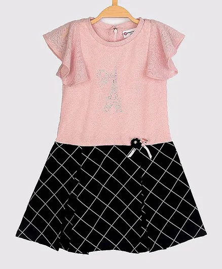 Peppermint Short Sleeves Checked Flare Dress Pattern Dress - Pink