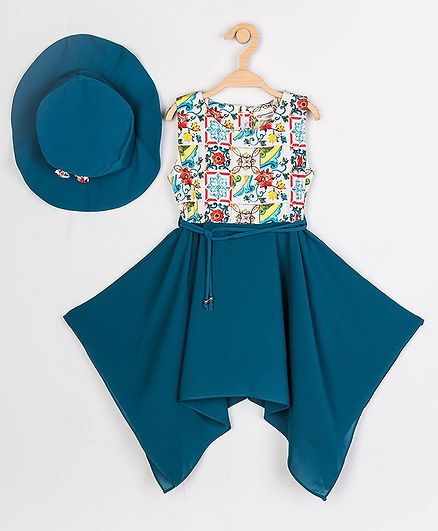 Peppermint Sleeveless Floral Print Asymmetrical Dress - Blue