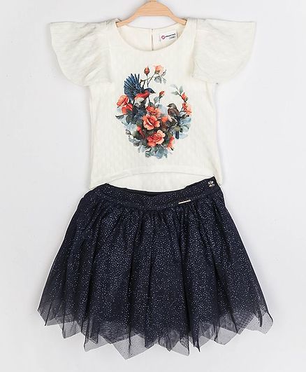 Peppermint Short Sleeves Flower Print Top With Net Skirt - White Blue
