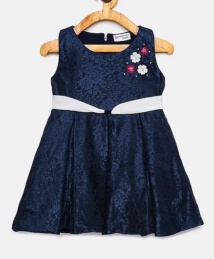 Peppermint Sleeveless Pearl & Flower Applique Sleeveless Dress - Navy