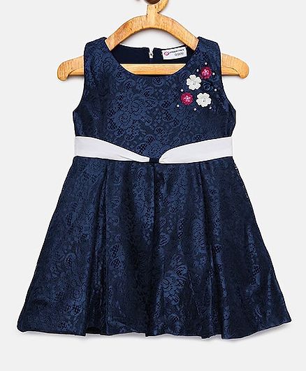 Peppermint Sleeveless Pearl & Flower Applique Sleeveless Dress - Navy