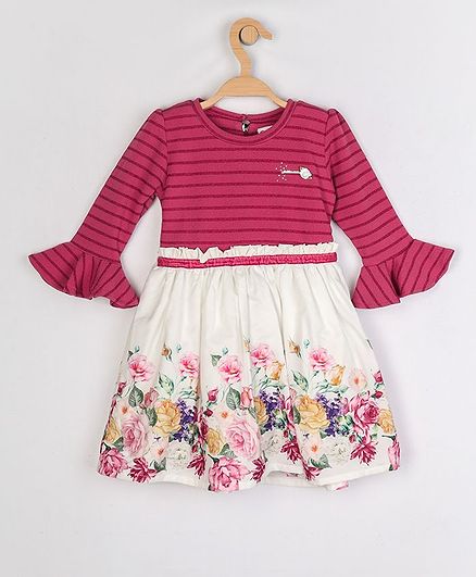 Peppermint Striped Three Fourth Sleeves Floral Print Dress - Pink